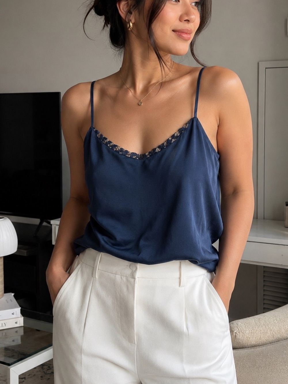 Sunny Choi 100% Silk Navy Lace-Trim Satin Cami size 14